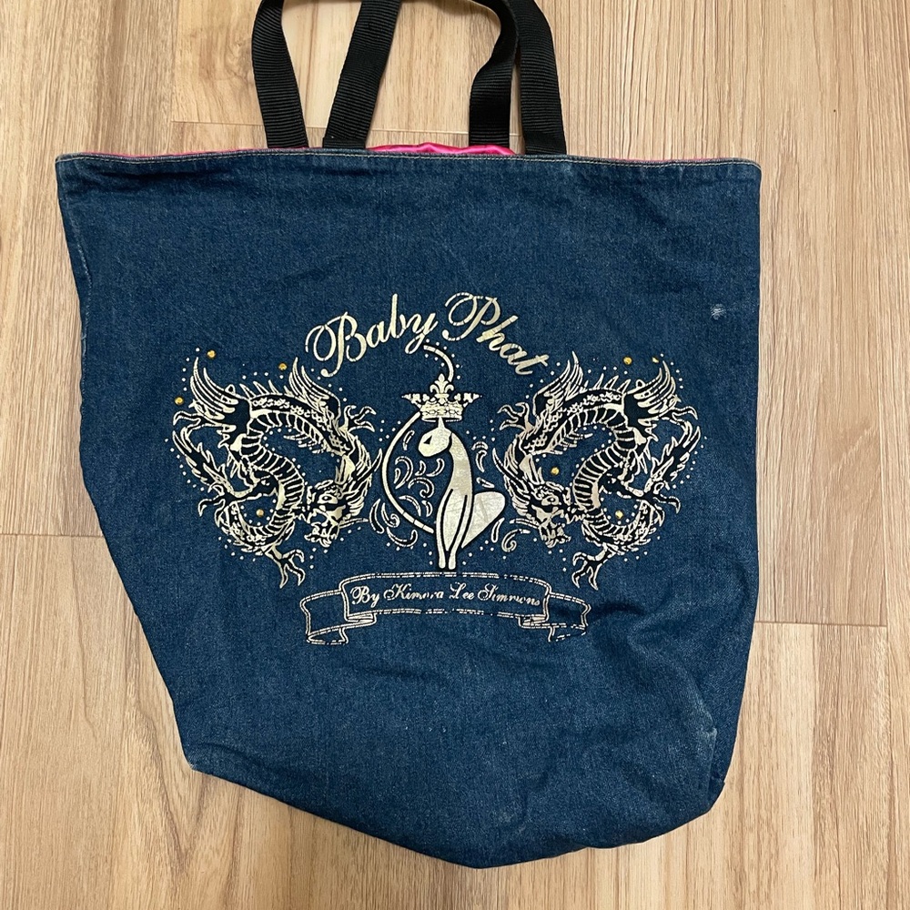 Y2K Baby Phat by Kimora Lee Simmons Denim Dragon Graphic Tote Bag Pink lining